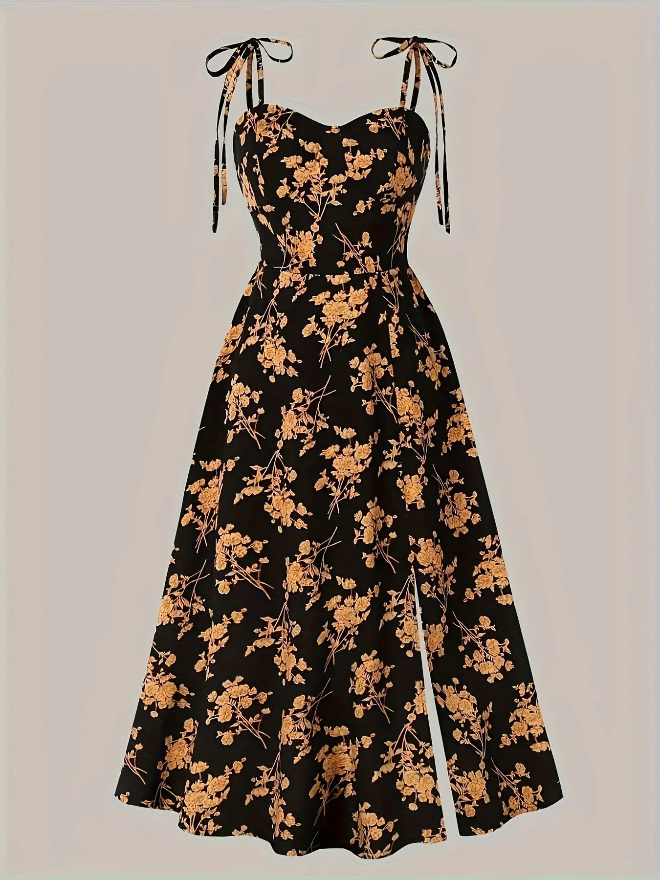 European and American Fashion Flower Print A-Line Dress with Shoulder Ties and Slit