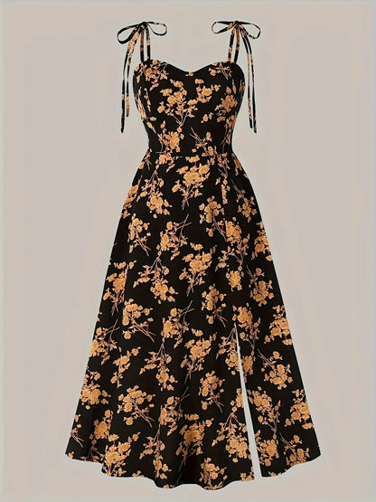 European and American Fashion Flower Print A-Line Dress with Shoulder Ties and Slit