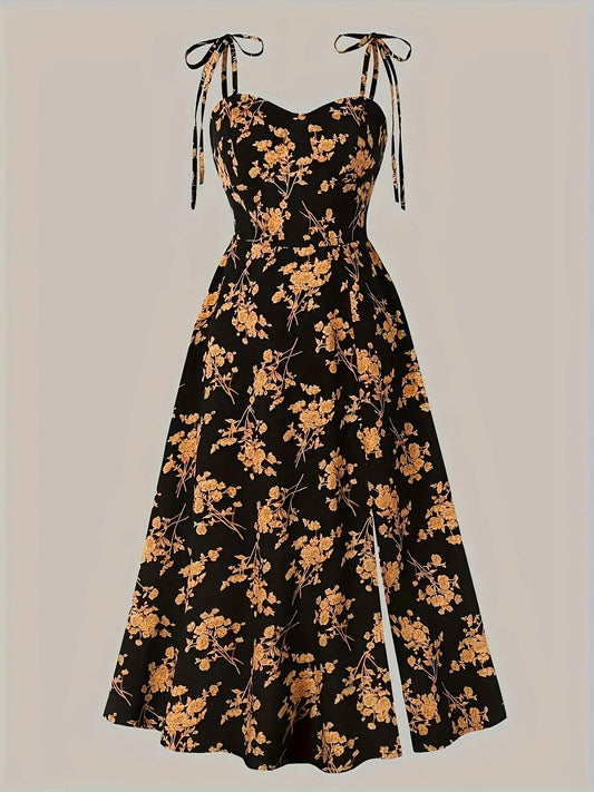 European and American Fashion Flower Print A-Line Dress with Shoulder Ties and Slit