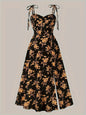 European and American Fashion Flower Print A-Line Dress with Shoulder Ties and Slit