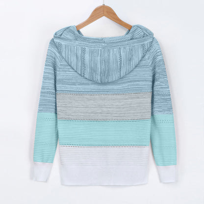 Plus Size 5XL Autumn Winter Women's Pullover Fashion Patchwork Long Sleeve Knit Sweater Tops Women Crochet Hollow Hooded Sweater