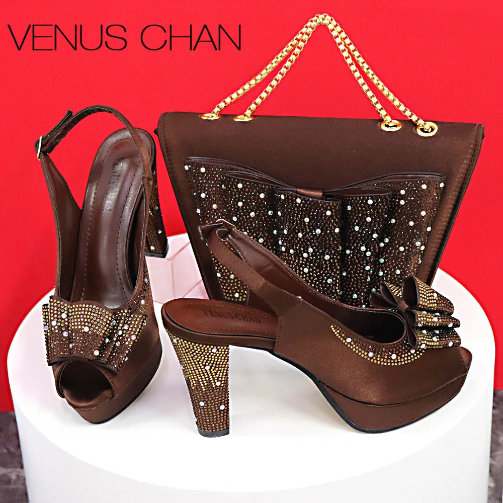 Hot Peep Toe Square Heel Ladies Shoes Matching Bag Set