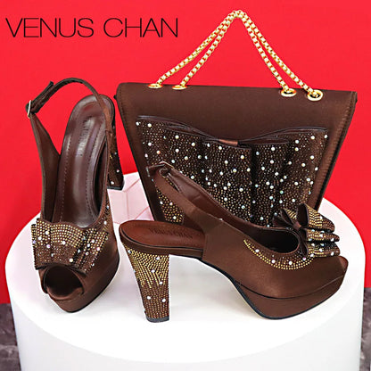 Hot Peep Toe Square Heel Ladies Shoes Matching Bag Set