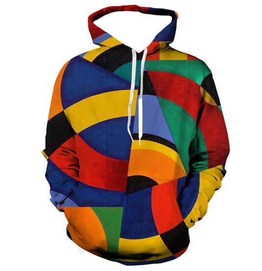 Men's Color Block Stitching Hooded Sweatshirt Geometric Print Spring And Autumn Loose Casual Polyester Fabric Top