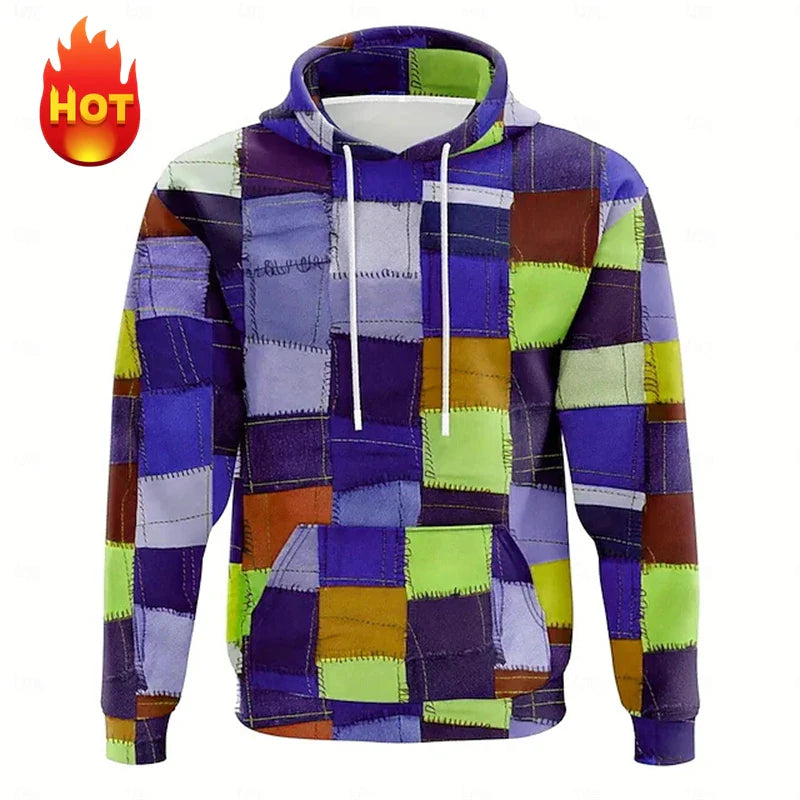 Men's hoodie 3D printed simulation sewing plaid sweatshirts fashion men's clothing