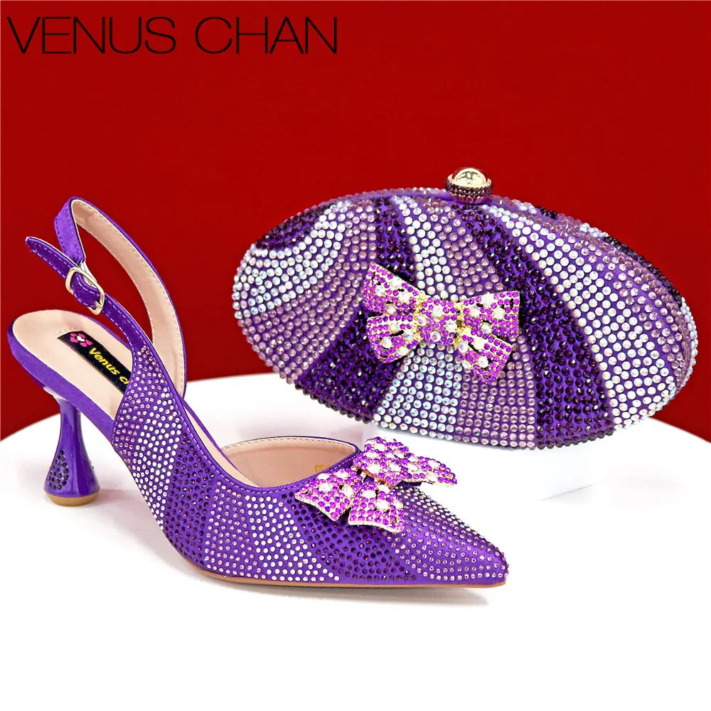 High Quality Rhinestone Heels Shoes and Blue Mini Bag