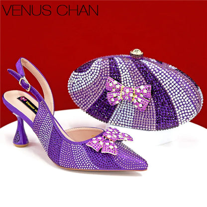 High Quality Rhinestone Heels Shoes and Blue Mini Bag