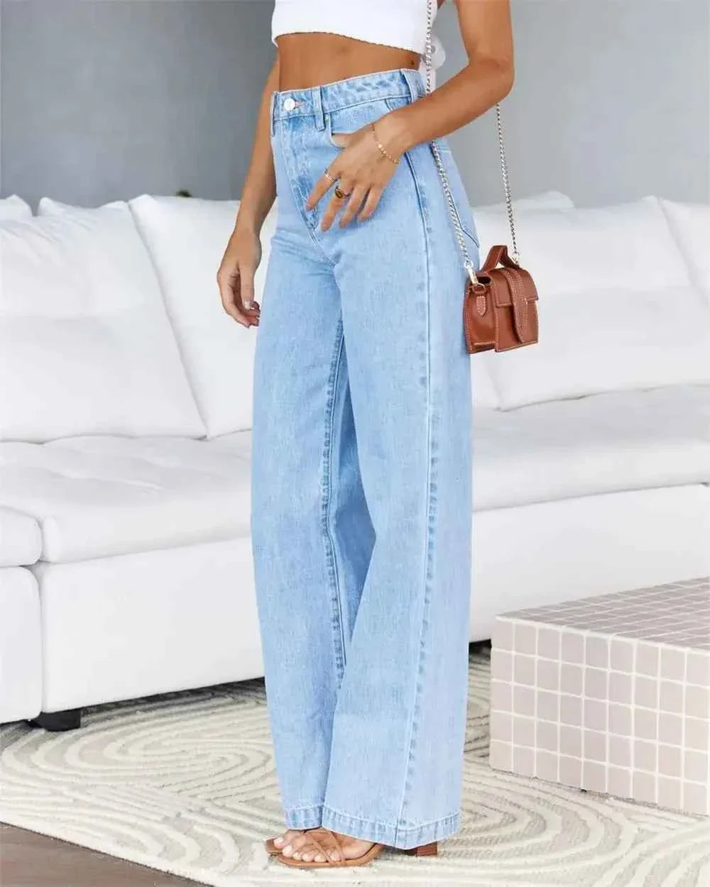 Women's High Waist Straight Leg Women's Jeans Denim Loose Fit with Pockets Wide Leg Basics
