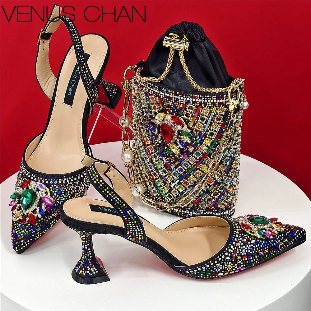 Women Shoes and Bag Set With Rhinestone Handbag