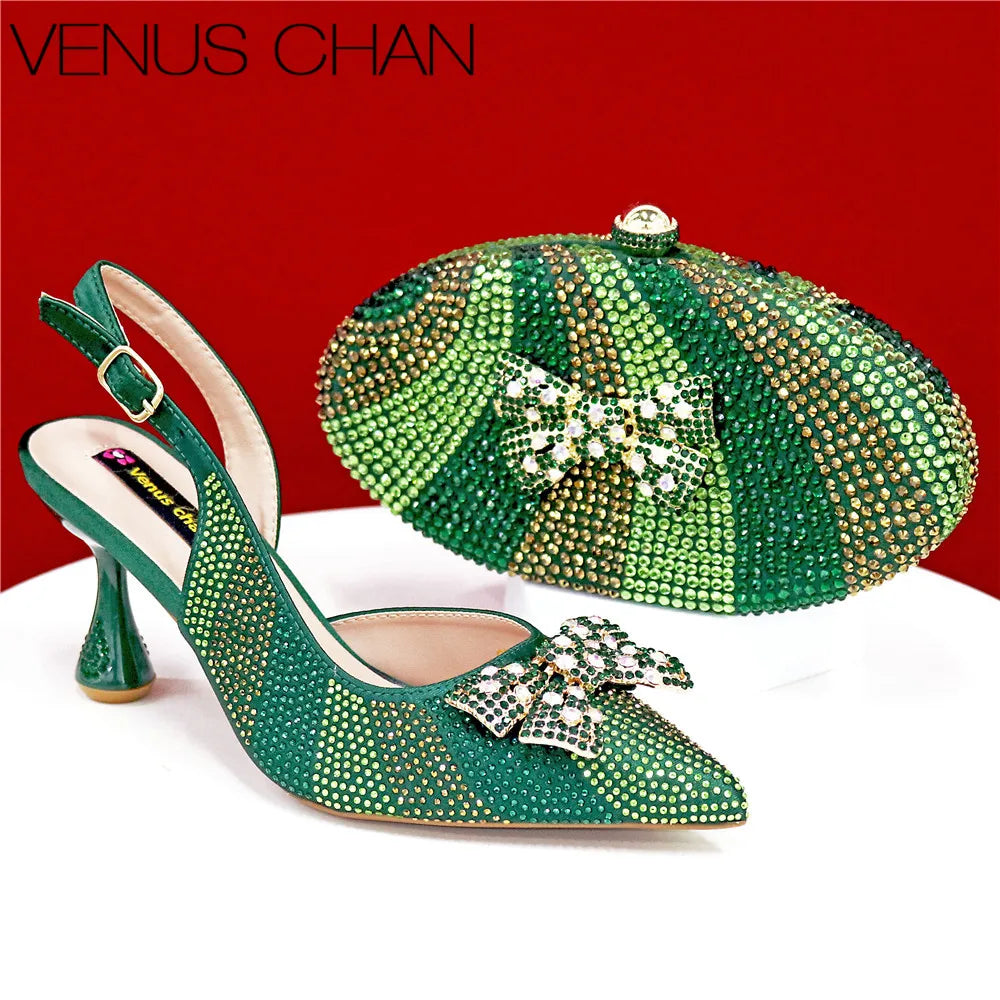 High Quality Rhinestone Heels Shoes and Blue Mini Bag