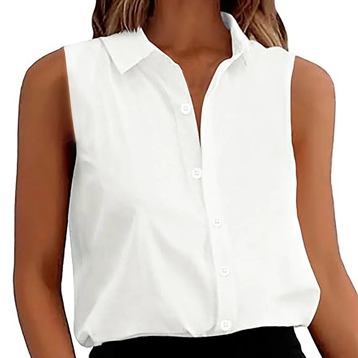 Women's Sleeveless Blouse Button Down Solid Color Casual Loose V Neck Chiffon Top for Work