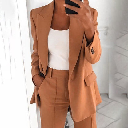 Solid Women's Blazer Coat Notched Long Sleeve Cardigan Button Casual Jacket for Office Ladies