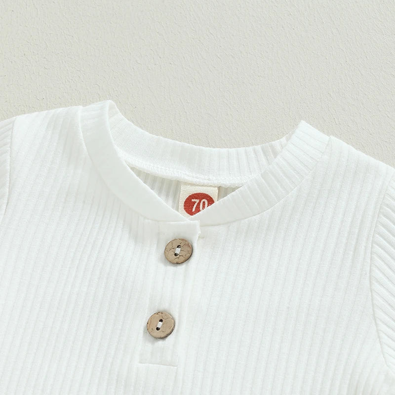 Baby Boy 2 Piece Outfit Solid Color Ribbed Button Long Sleeve Rompers and Elastic Pants Fall Spring Clothes