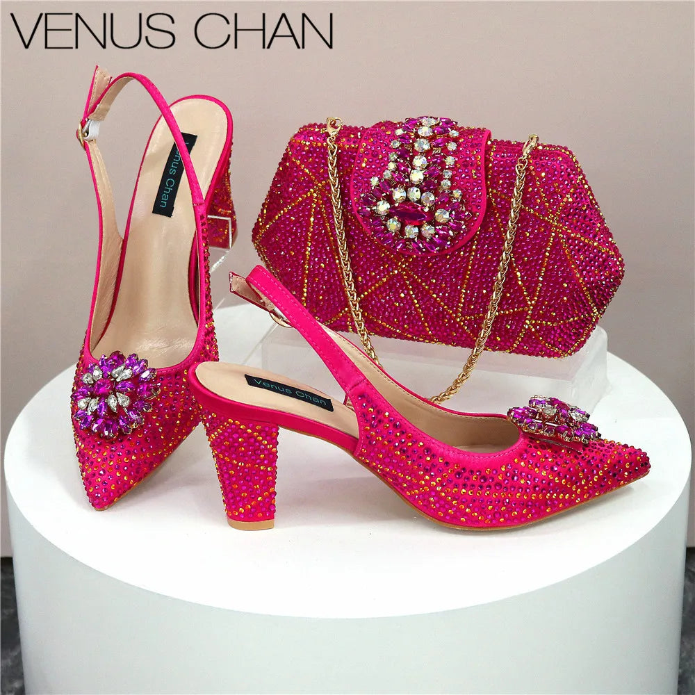 Italian Shoe and Bag Set With Decorated with Rhinestone