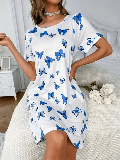 Soft and Casual Butterfly Print Sleepwear Nightgown, Short-Sleeved Loose Women's Loungewear