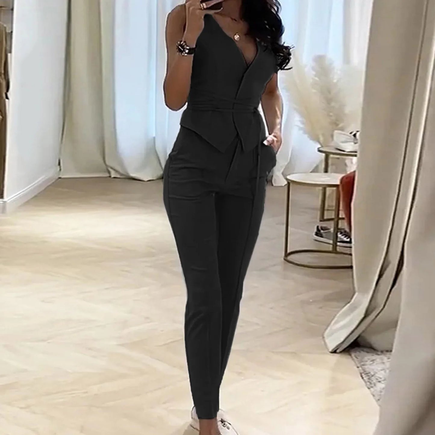 Elegant Pantsuit Set 2 Piece Solid V-Collar Top and Trousers for Women's Fashion Streetwear Summer Outfit