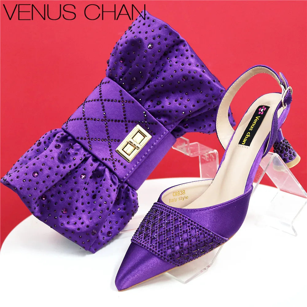 Latest Women Italian Shoes and Matching Bags Decorated with Rhinestone