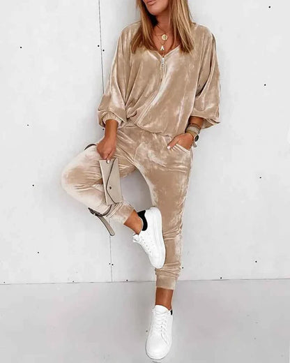 Golden Velvet Jogger Set - Long-sleeved Zipper Casual Suit 2 Piece Loungewear