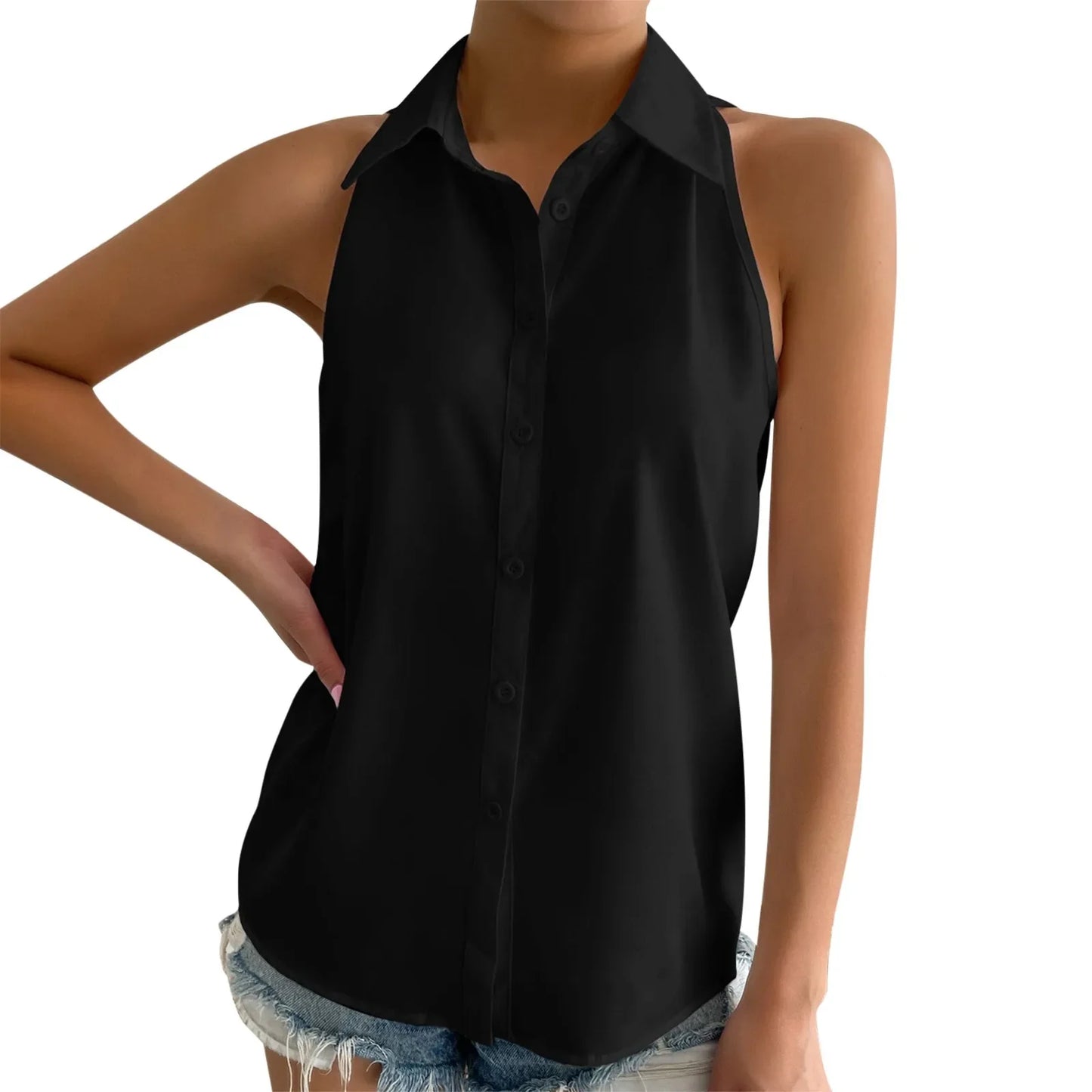 Women's Sleeveless Blouse Button Down Solid Color Casual Loose V Neck Chiffon Top for Work