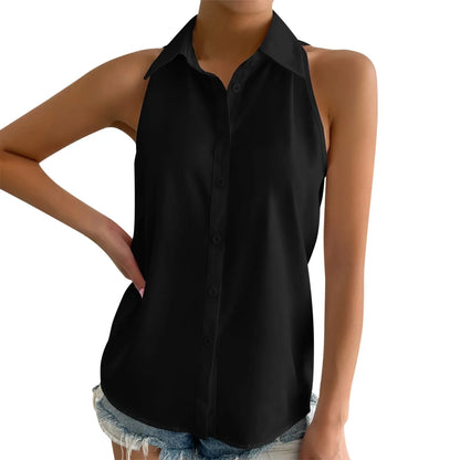 Women's Sleeveless Blouse Button Down Solid Color Casual Loose V Neck Chiffon Top for Work