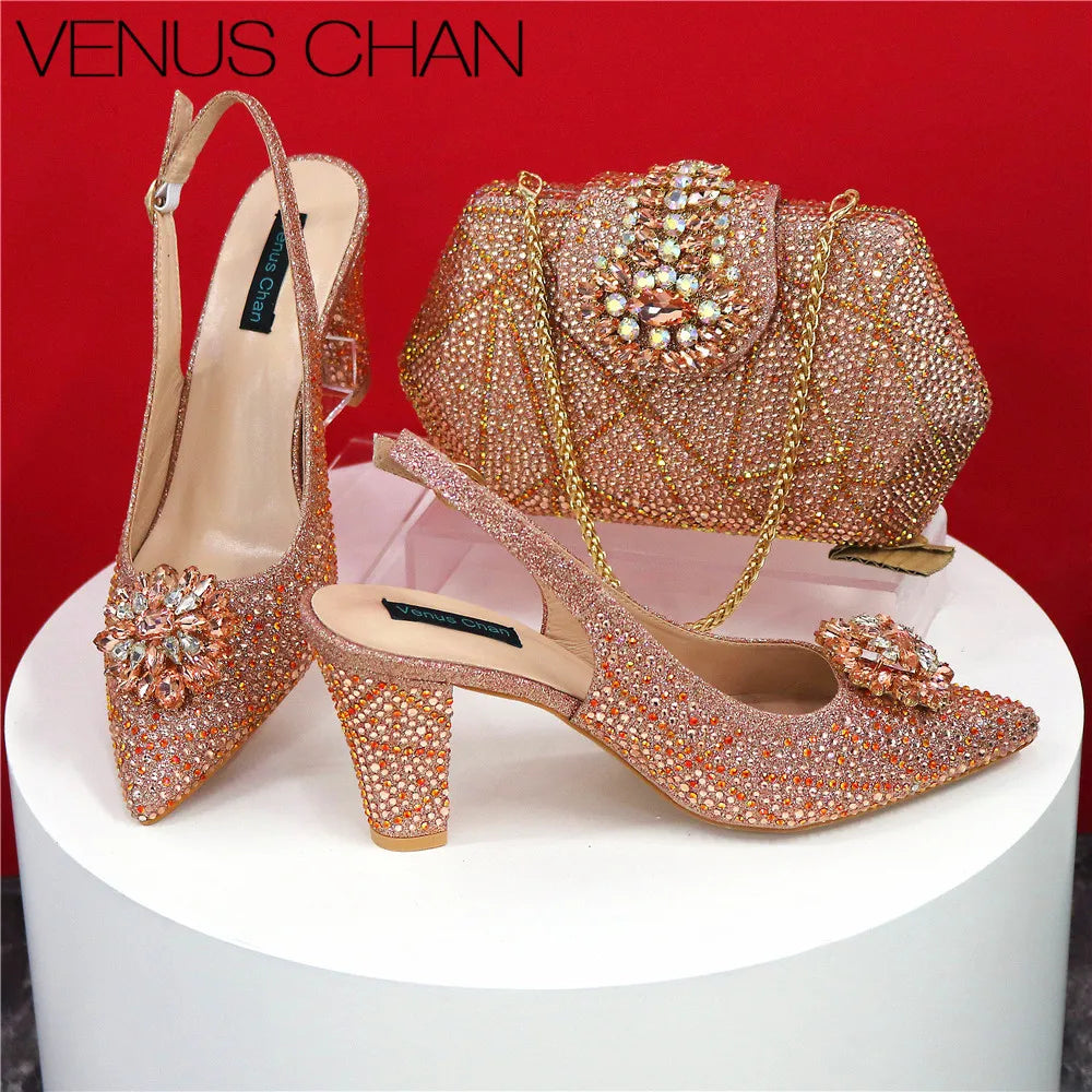 Italian Shoe and Bag Set With Decorated with Rhinestone