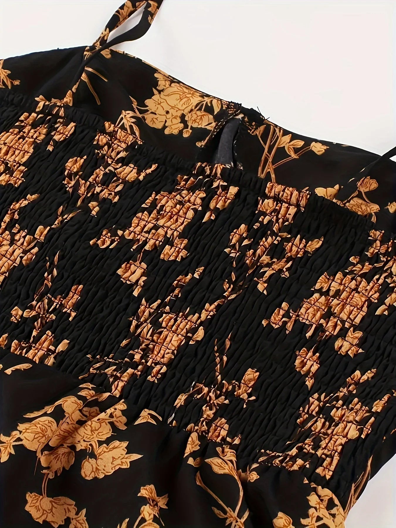 European and American Fashion Flower Print A-Line Dress with Shoulder Ties and Slit