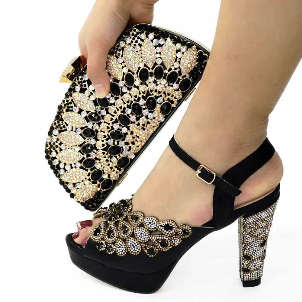 Ladies Leather Shoe and Bag Set Black Color Italian