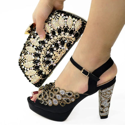 Ladies Leather Shoe and Bag Set Black Color Italian