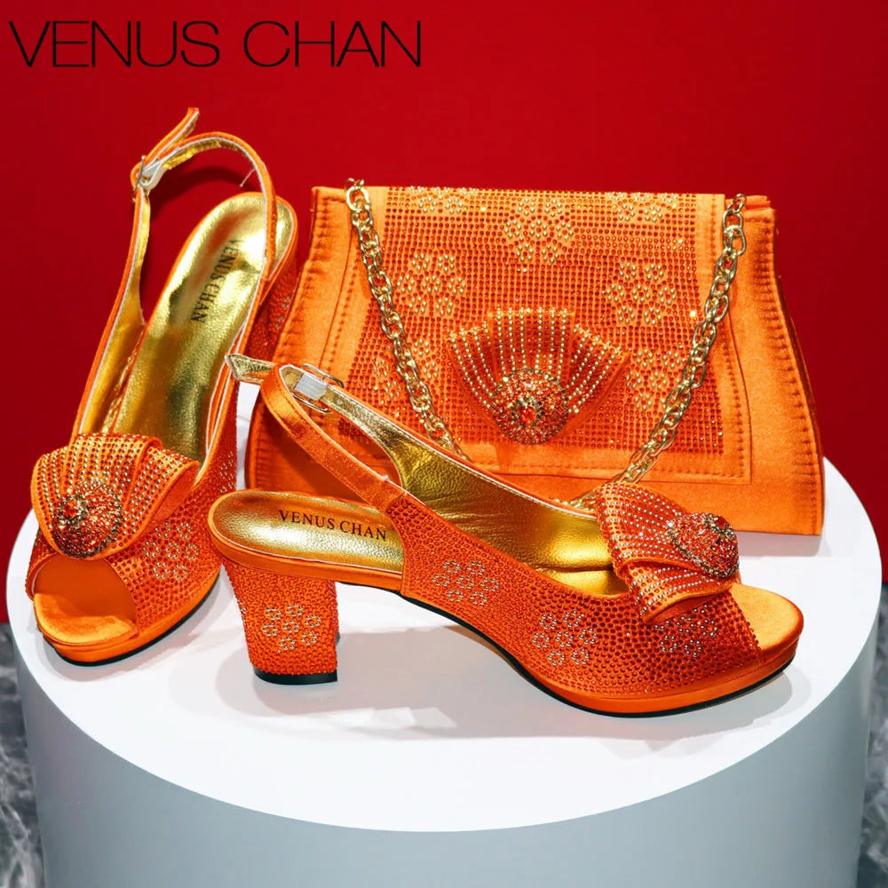 New Square Heels Peep Toe Shoes Matching Bag Set
