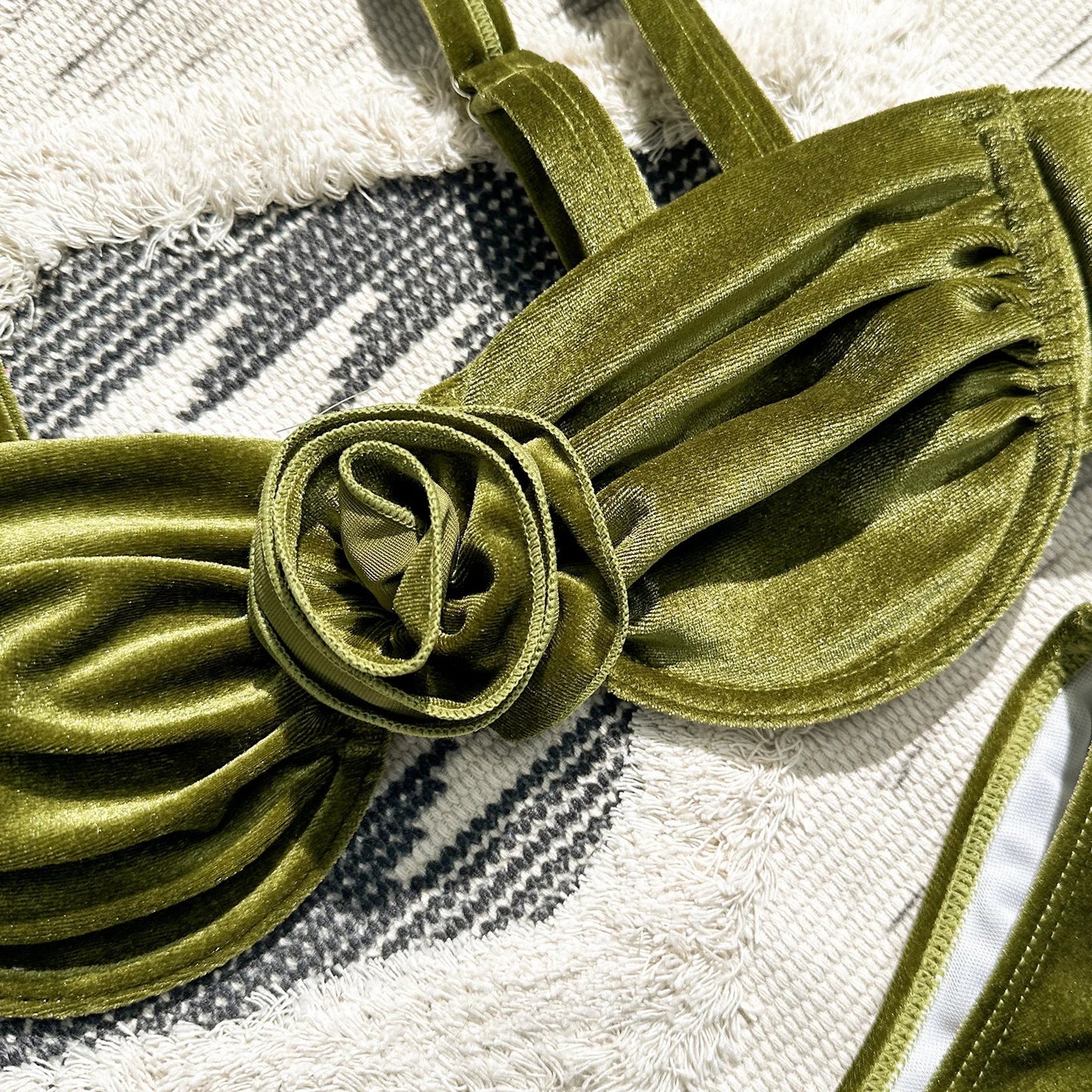 Green flower push up velvet two piece swimsuit