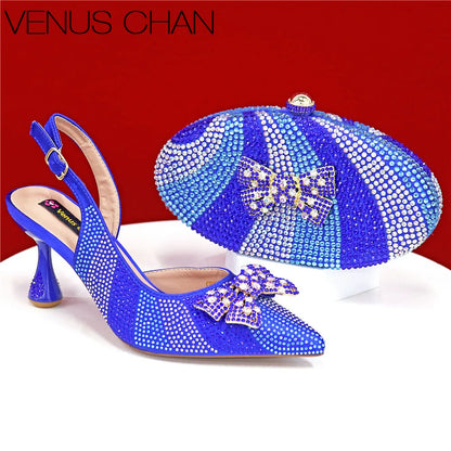 High Quality Rhinestone Heels Shoes and Blue Mini Bag