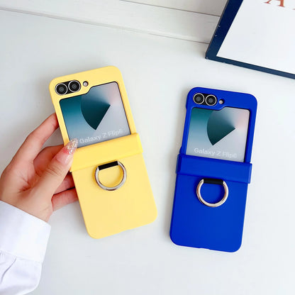 Colorful Matte With Grip Ring Case For Samsung Galaxy Z Flip 6 5 4 3 ZFlip6 ZFlip5 Finger Buckle Solid Color Shockproof Cover
