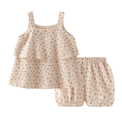 Baby Girls Outfits Clothes Summer Muslin Cotton Sleeveless Vest Dress Shorts Shirt Suits Fashion Top+Trousers Sets 2pcs 0-4T