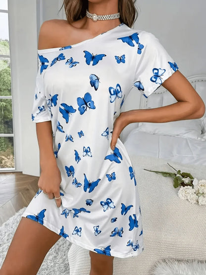 Soft and Casual Butterfly Print Sleepwear Nightgown, Short-Sleeved Loose Women's Loungewear