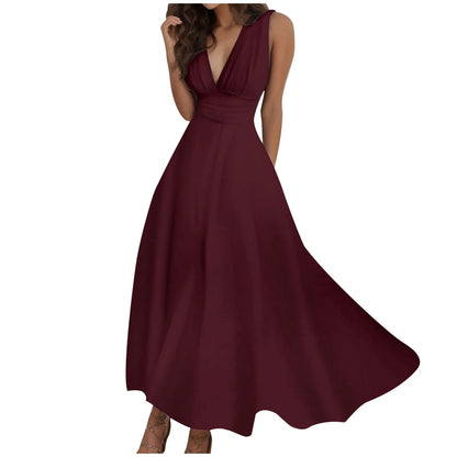 Women's Casual Sundress Solid Color Sleeveless V Neck Side Zipper Long Dress Elegant Sundress