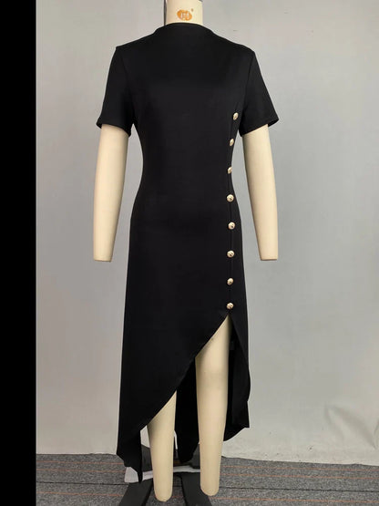 Summer Asymmetrical Maxi Dress for Women - Elegant High-Low Party Dress with Short Sleeves and Button Detail