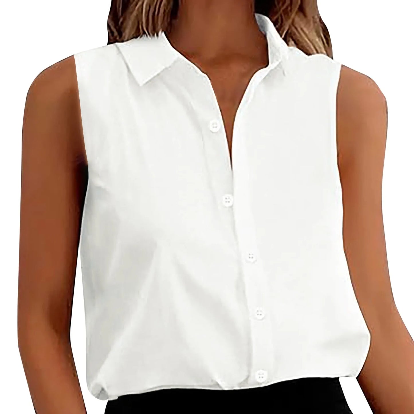 Women's Sleeveless Blouse Button Down Solid Color Casual Loose V Neck Chiffon Top for Work