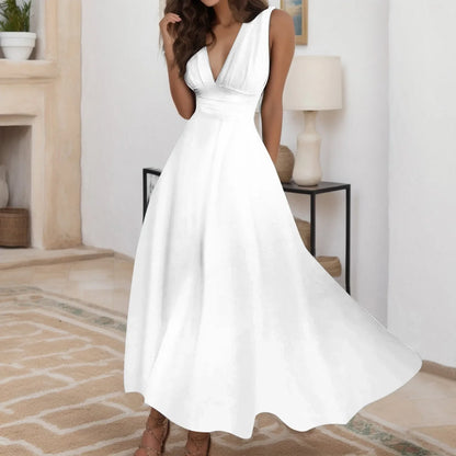Women's Casual Sundress Solid Color Sleeveless V Neck Side Zipper Long Dress Elegant Sundress
