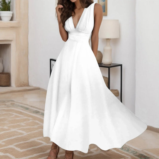 Women's Casual Sundress Solid Color Sleeveless V Neck Side Zipper Long Dress Elegant Sundress