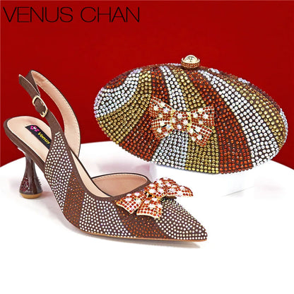 High Quality Rhinestone Heels Shoes and Blue Mini Bag