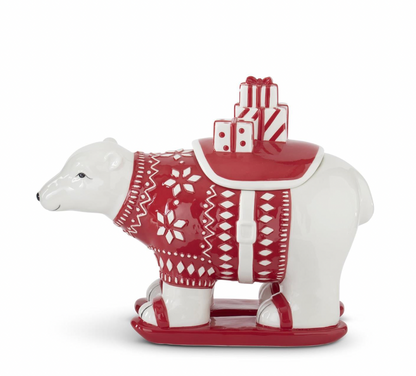 10" White & Red Ceramic Polar Bear Container