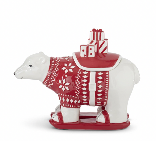 10" White & Red Ceramic Polar Bear Container