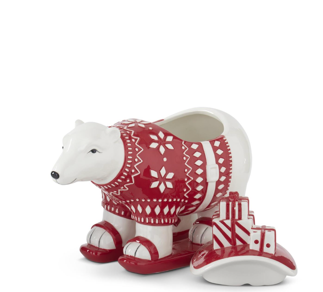 10" White & Red Ceramic Polar Bear Container