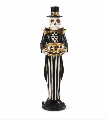 13" Black and Gold Skeleton Holding Gold Jack O Lantern