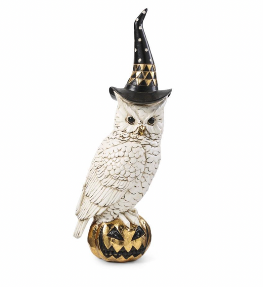 14" White and Gold Owl w/Witch Hat on Gold Jack O Lantern