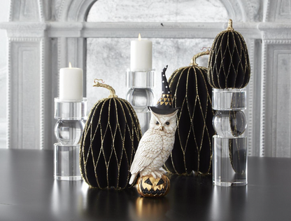 14" White and Gold Owl w/Witch Hat on Gold Jack O Lantern