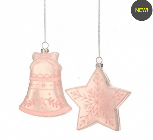 5" GLASS PINK SCROLL BELL - STAR ORNAMENT - SET OF 2