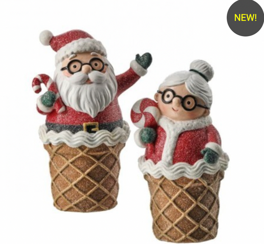 6" SANTA & MRS.CLAUS I CREAM CONE - SET OF 2