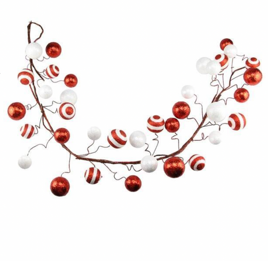 Candy Cane Lane - 5'L GLITTER BALL GARLAND RED/WHITE