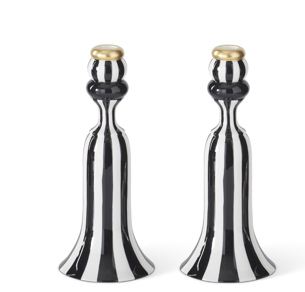 ROYAL COURT - 10" Black & White Striped Ceramic Taper Candleholders - SET OF 2